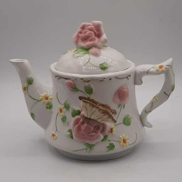 Otagiri Enesco Teapot Music Box 1995 Floral Butterfly Wind Beneath My Wings Song - Picture 1 of 7